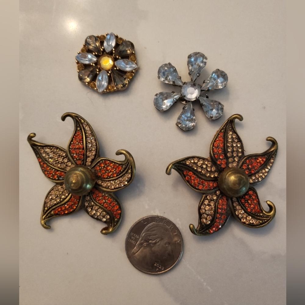 Vintage Rhinestone Floral Embellishments, Used, 4 Pieces